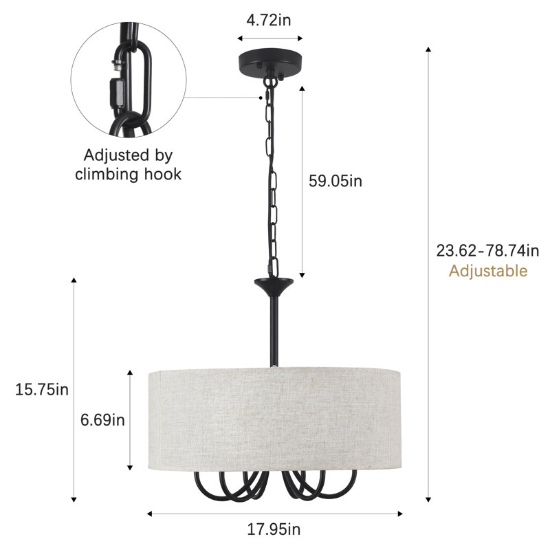 6 - Light 17.95'' Dimmable Modern Farmhouse Drum Candle Chandelier With Linen Shade For Kitchen Island Bedroom, Matte Black