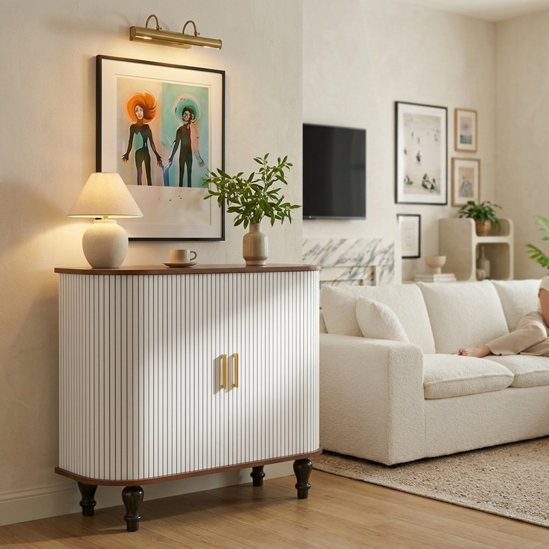 39" Modern Fluted Bar Cabinet with Storage Drawer & Hidden Side Compartments, White