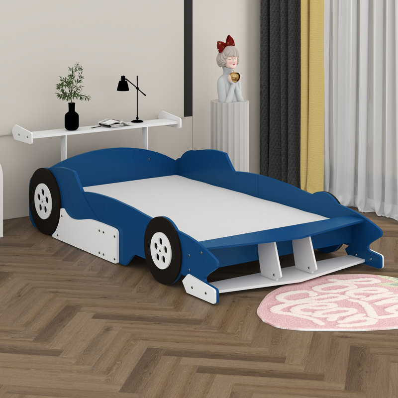 Full Size Race Car Bed For Kids, Wood Car-Shaped Platform Bed With Storage Shelves, Car Bed With Wheels, Blue