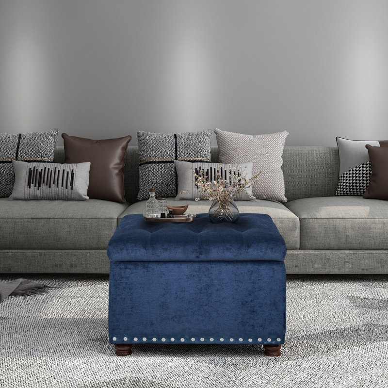 Devault 24" Wide Fabric Tufted Rectangle Storage Ottoman, Dark Blue