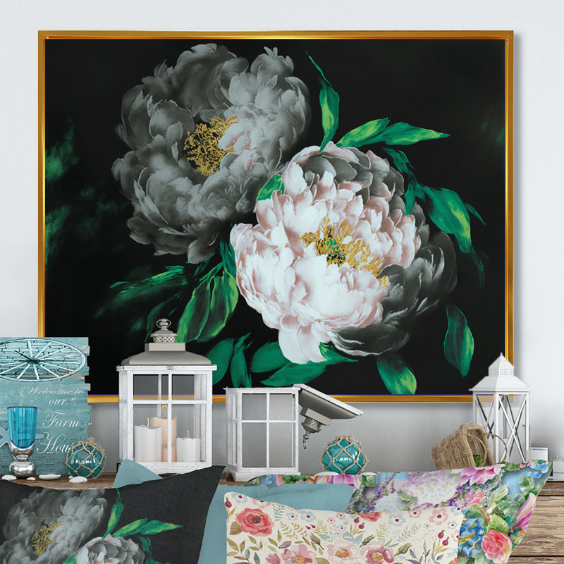 «White Blossoming Peony on Black I», reproduction sur toile, L 32 po x H 16 po, Toile à cadre flottant doré
