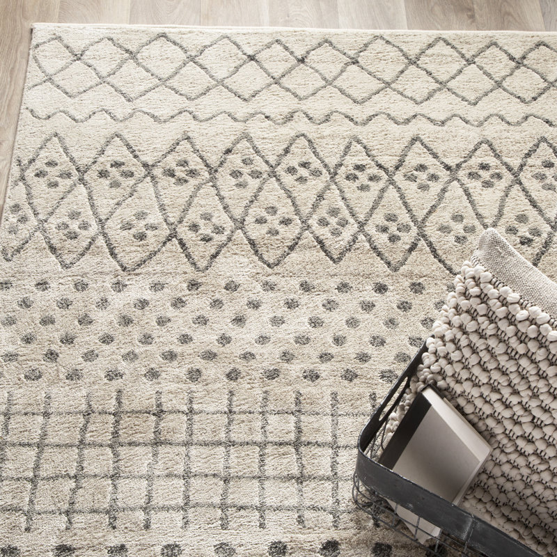 Tapis géométrique en polypropylène tissé à la machine à motif géométrique blanc bouleau / gris argenté Beiler