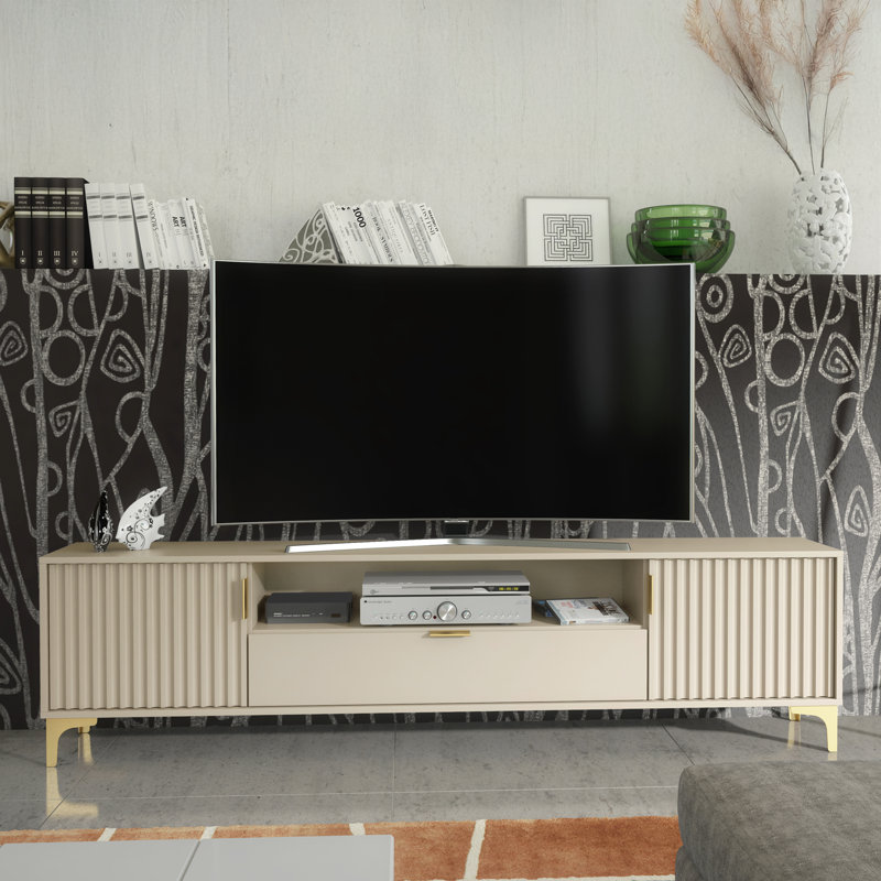 Cashmire 200 CM TV Unit | Gold Accents | Fluted Fronts | Modern Retro Media Cabinet, Beige