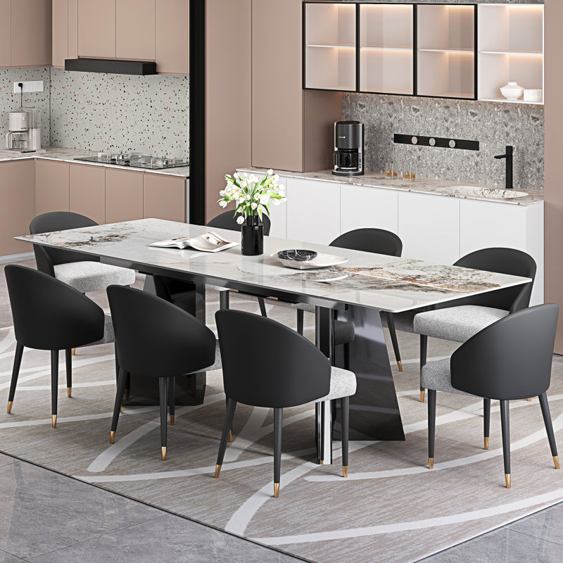9 - Piece Faux Marble Dining Table Set With 94.5” Rectangular Extendable Sintered Stone Top And 8 Faux Leather Chairs, Chanel