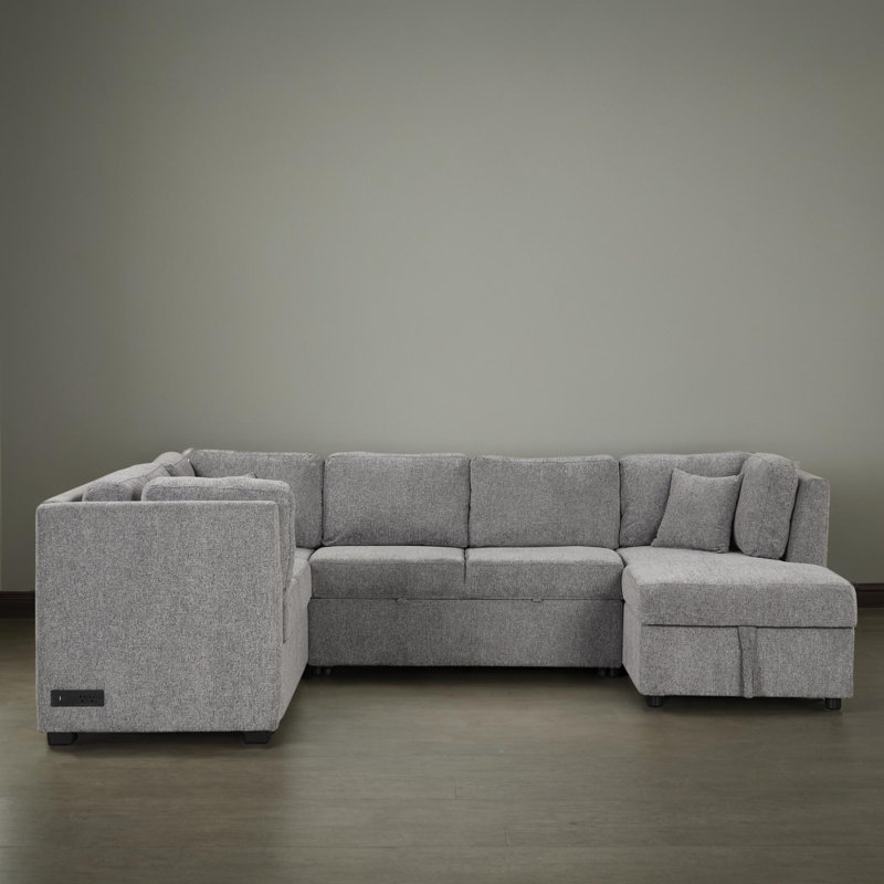 109" U-shaped Pull Out Sleeper Sectional Sofa Bed With USB Ports, Light Gray Chenille