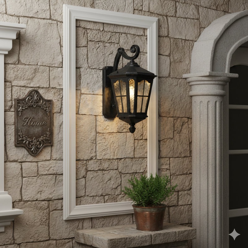 A Black Solar-Powered Outdoor Wall Light In An Amen Design Style, With IP65 Waterproof Rating, Suitable For Illuminating Corridors, Aisles, Villas, Gardens, Patios, Balconies, And Gate Posts, With A Color Temperature Range Of 3000K To 6000K.