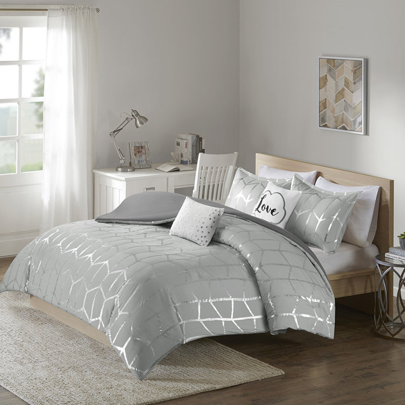 Housse de couette simple / simple TG avec motif géométrique argenté et matériau de base gris élégant, Gray/Silver