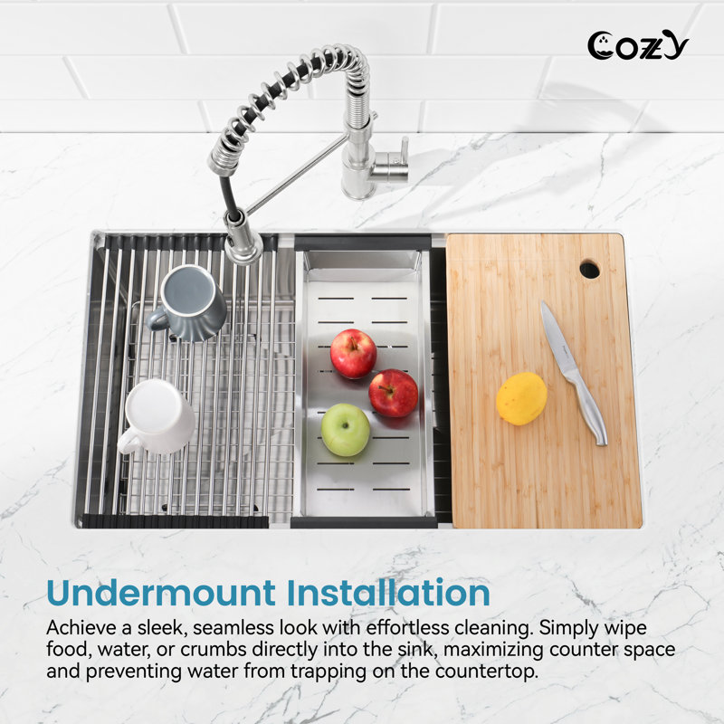 Évier de cuisine encastré 33 po à cuve simple en acier inoxydable avec planche à découper, passoire, grille 33 po