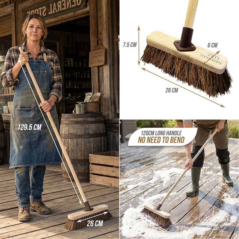 10'' Outdoor Broom Yard Brush with Stiff Natural Bassine Bristles for Patios and Garden
