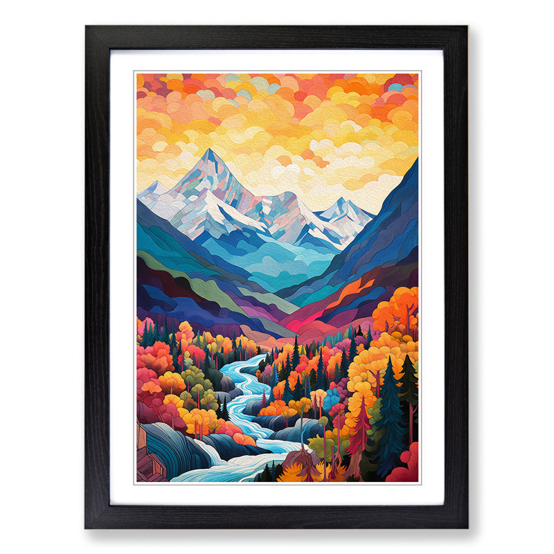 Japanese Mountains Orphism No.2 - Single Picture Frame Print on Wood, 34cm H x 25cm W x 2cm D, Black Framed