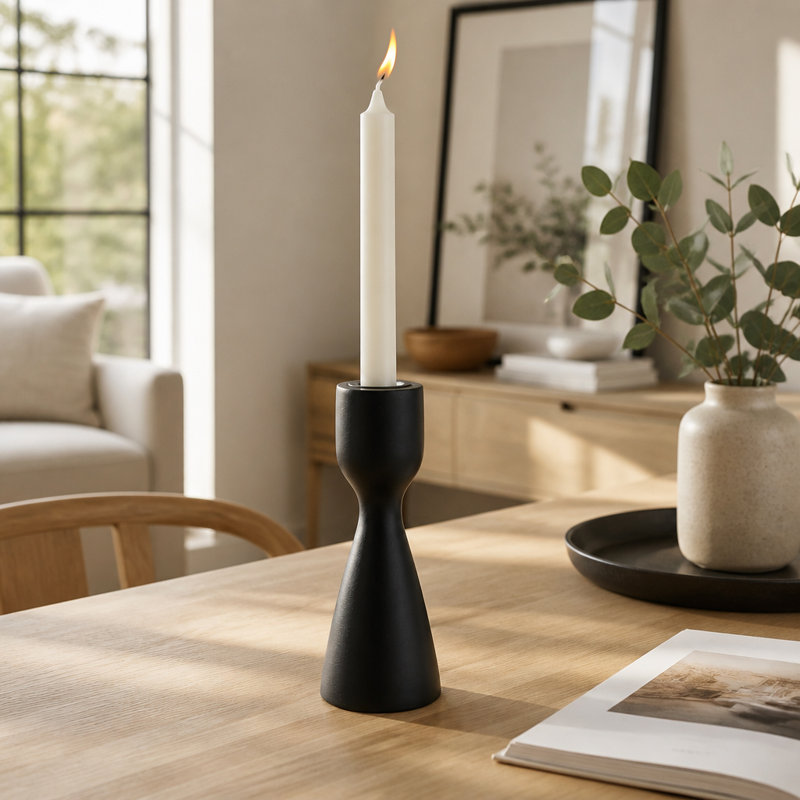 Modern Taper Mango Wood Candle Holder with Metal Accent for Tabletop Decor - Decorative Floor Candle Holder for Dining or Living Room Display