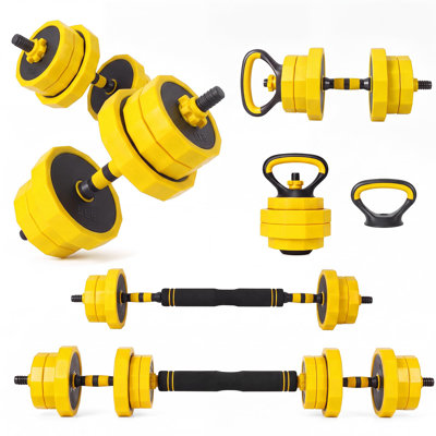 4-in-1 Adjustable Dumbbell Set with Connector for Home Gym - Dumbbells/Kettlebell/Push-Up Stands/Weight Plates - Compact Strength Training, 45 lb - Yellow