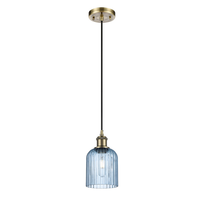 Luminaire suspendu 1 lumière Aalina, Laiton antique, Bleu princesse