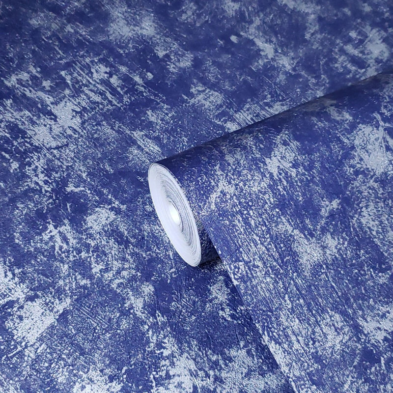 Alexes Wallpaper Blue Silver Metallic Plain Plaster Concrete
