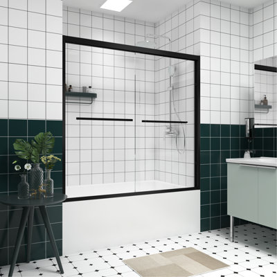 Pare-baignoire double coulissant avec cadre en aluminium, verre trempé de 1/4 po (6 mm), quincaillerie noire, conception de poignée, porte de salle de bain facile à installer de 56 à 60 po x 58 po avec cadre en aluminium épaissi, poignée en acier inoxydable