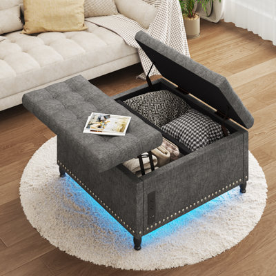 Ottoman with Outlets and LED Lights,35" Large Square Storage Ottoman,Coffee Table Ottoman with Lift Top & Wooden Legs Morden Grey Footstool for Living Room, Bedroom