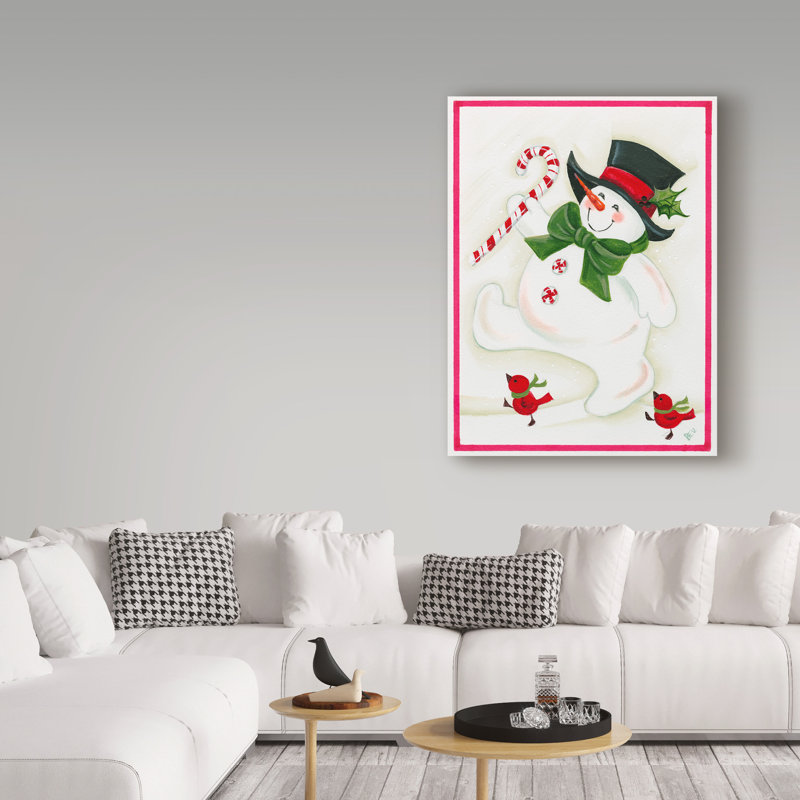 « bonhomme de neige avec 2 oiseaux », art sur toile, H 19 po x l 14 po x P 2 po