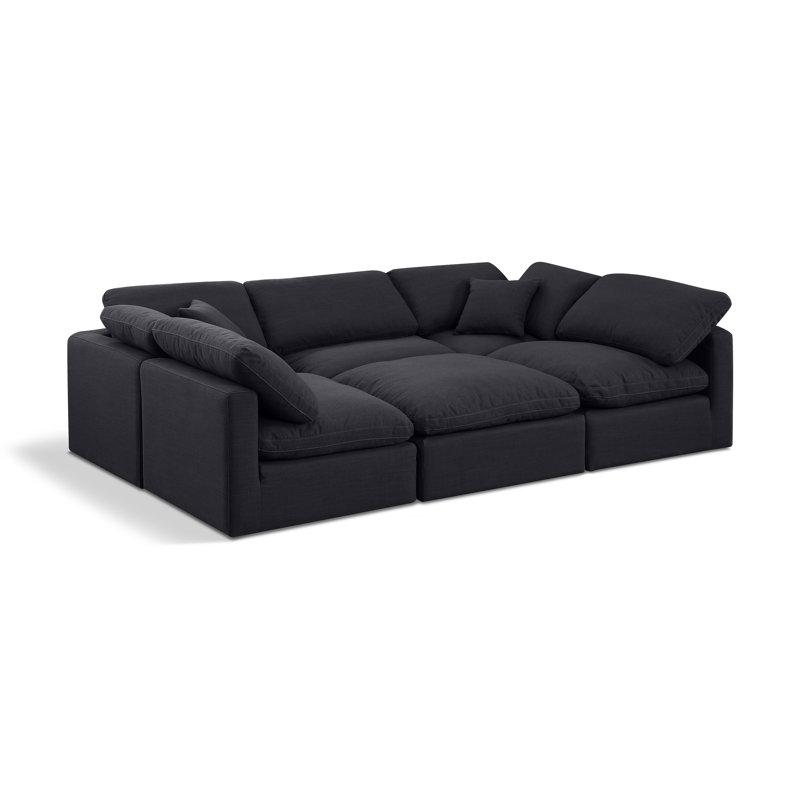 Canapé et méridienne rembourrés 6 pièces Itala, Tissu texturé en lin noir