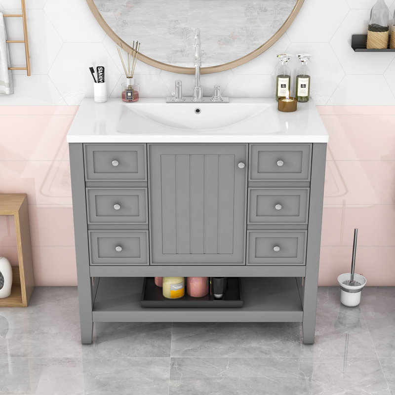 Rhemy 36'' Single Bathroom Vanity with Ceramic Top, Storage Drawers and Open Shelves, Gray