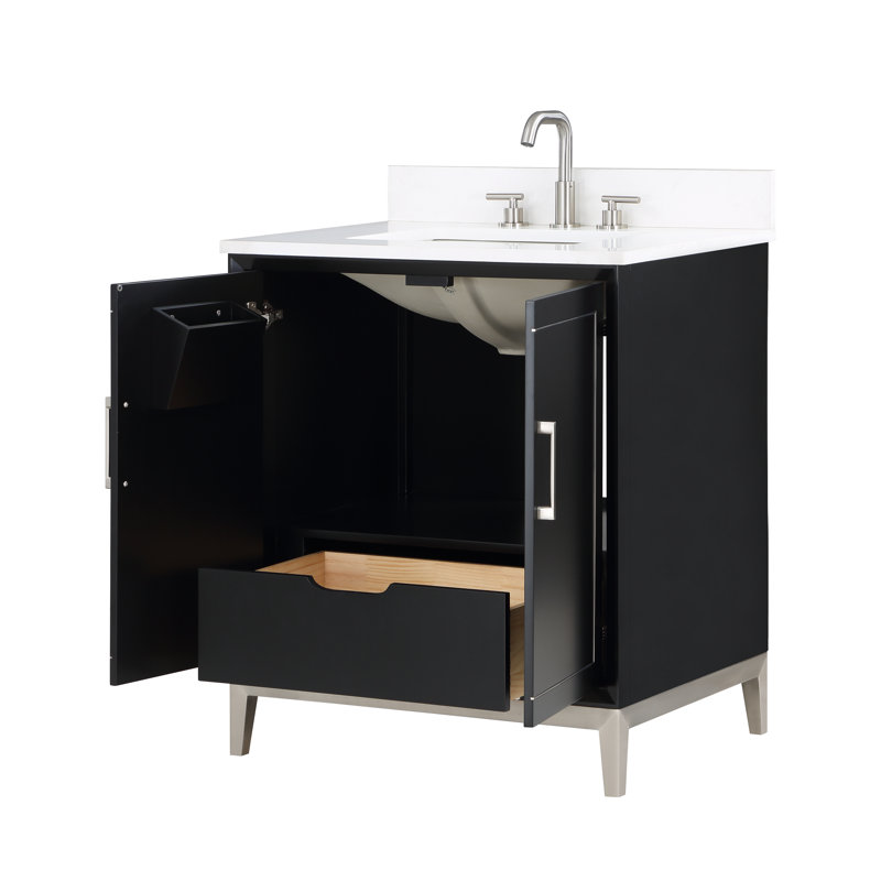 Gracie 30'' W Single Vanity, Midnight Black, Satin Brass, White Quartz