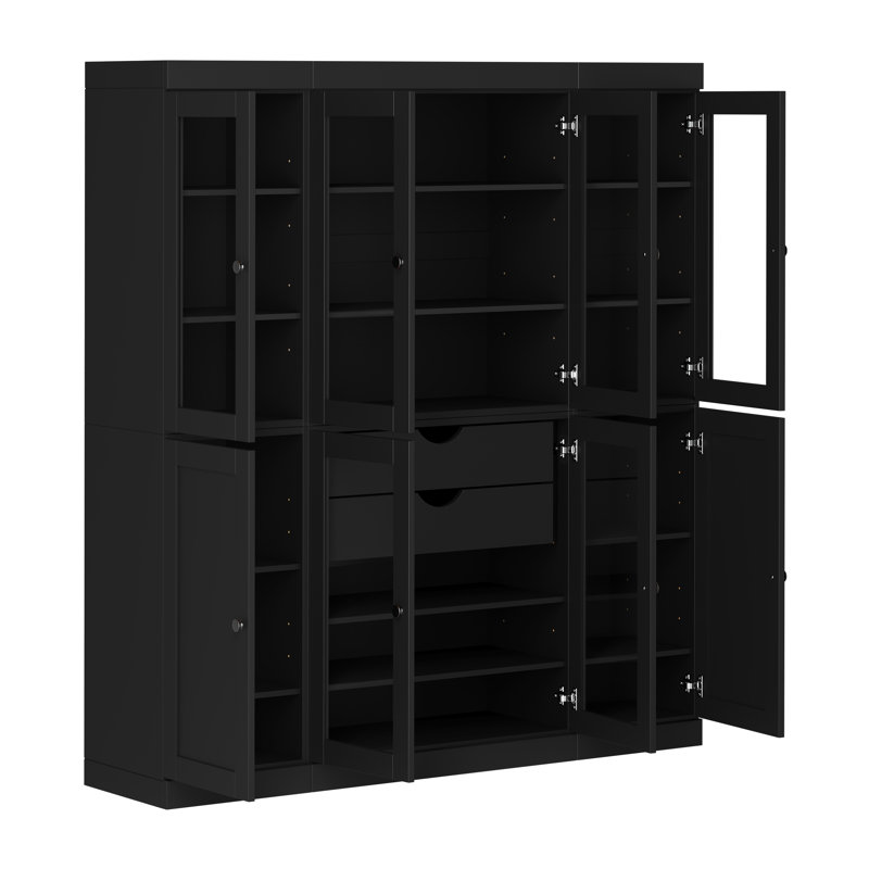 Vaisselier 100% bois massif 65 po avec verre transparent, portes Shaker, 2 tiroirs et tablettes réglables, Noir
