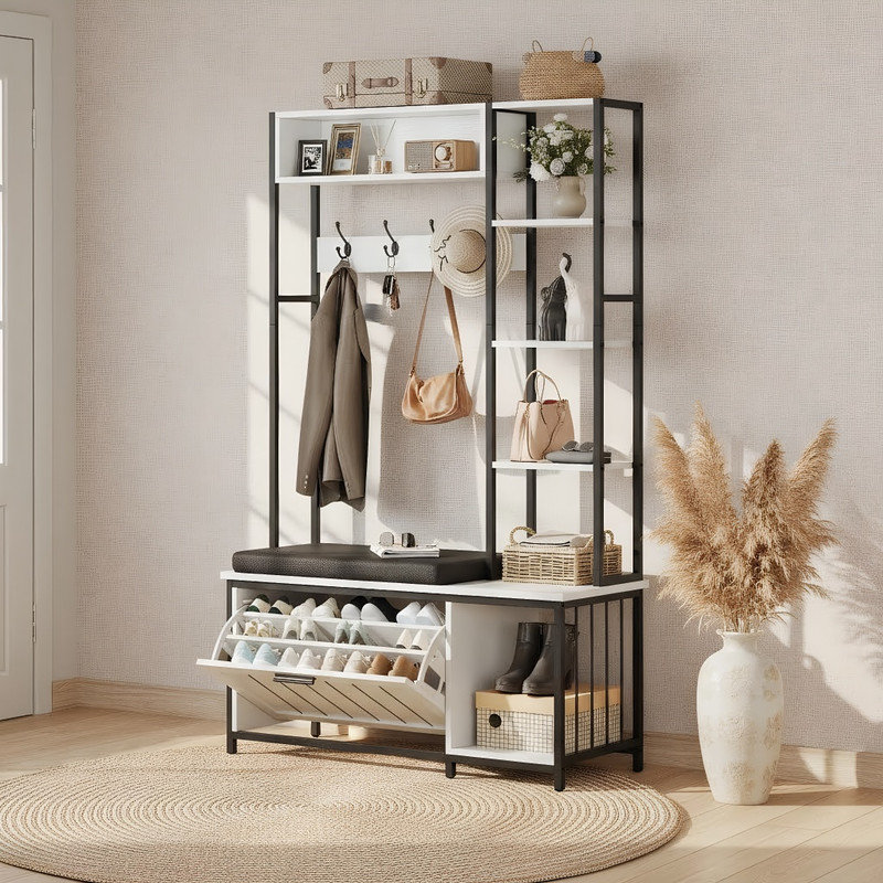 All-in-One Entryway Storage with Bench – Flip Shoe Cabinet, Cubbies & Shelf, White