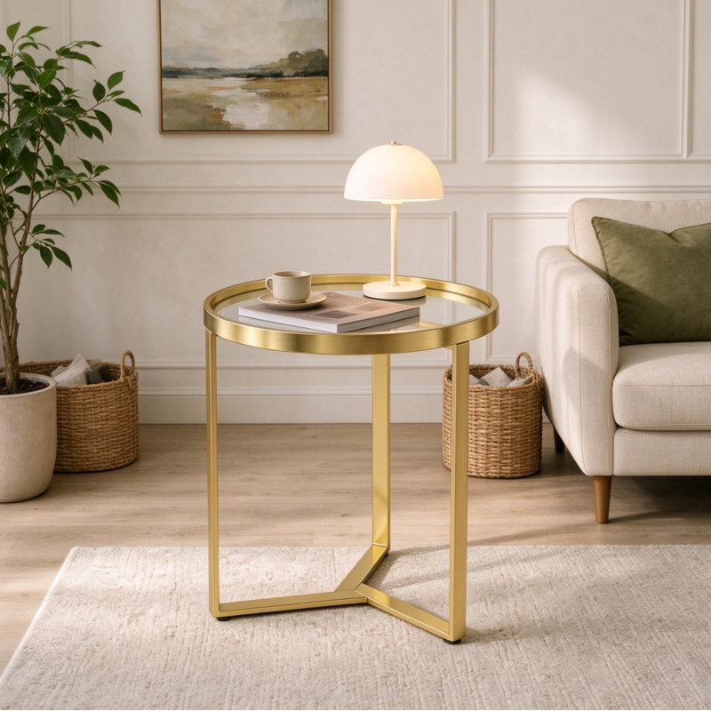 Round Tempered Glass Side Table, Geometric Metal Frame Modern Accent Table for Living Room Bedroom, Gold