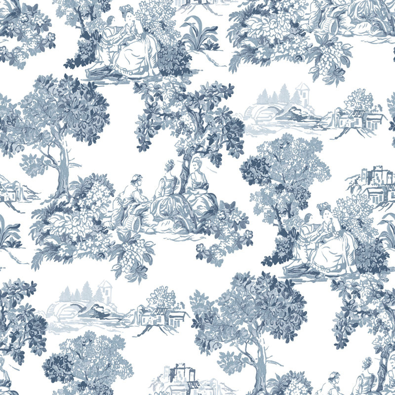 Blooming Garden Collection Toile Garden Wallpaper Roll, Blue