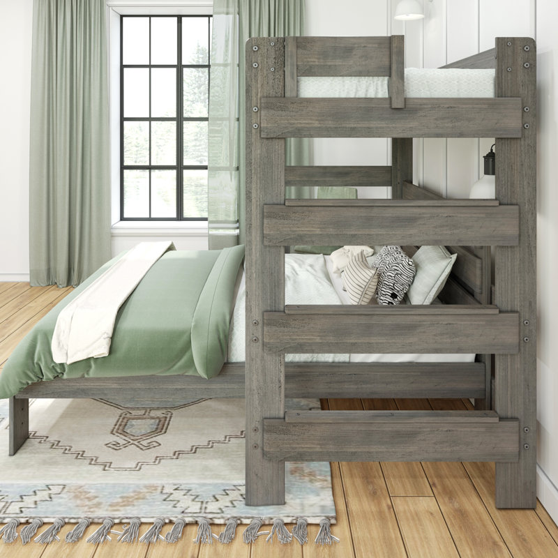  Doyle Solid Wood L-Shaped Bunk Bed with Desk, Driftwood, Queen