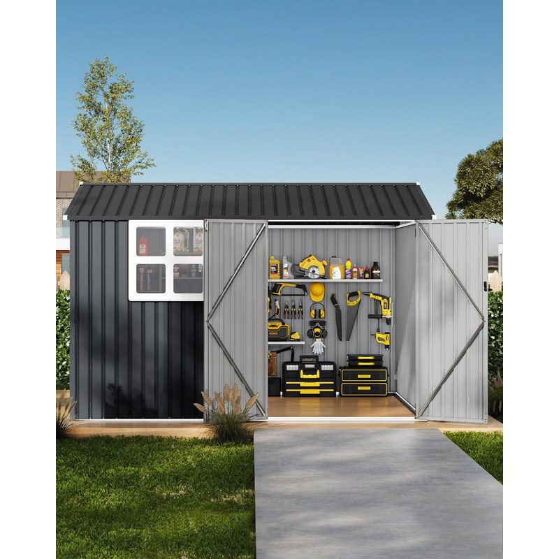 10x12 Ft Heavy-Duty Metal Storage Shed, Galvanized Steel Outdoor Utility Shed with Lockable Door & Windows, Brown