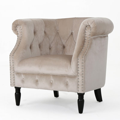 Exquisite Club Chair In Champagne Velvet With Rolled Graceful Velvet, Adding Elegance To Your Room