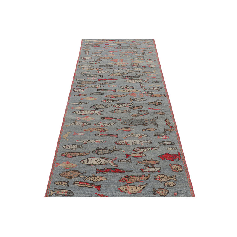 Rug & Kilim’S Custom Runner Rug In Blue With Colorful Fish Pictorials, Runner 3' x 14'