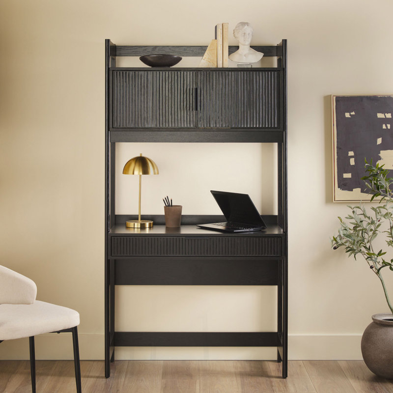 Bureau transitionnel en roseau avec huche et tiroirs avec gestion technique, Noir