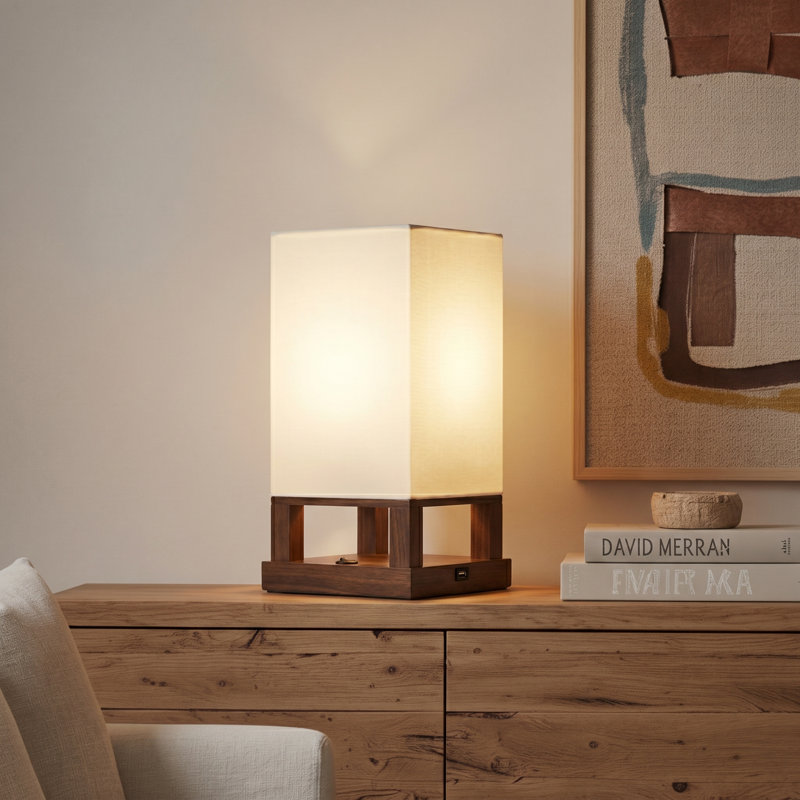 Maxwell 14 in. Oriental Inspired LED Bedside Table Lamp with Fabric Square Shade, Brown