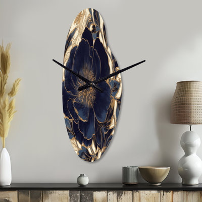 Blue Gold Peonies Celebration IV - Curved Shape Large Peonies 3D Wall Clock