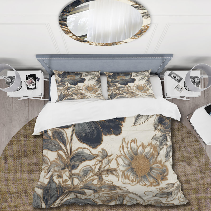 Blue Gold Peony Symphony I - Ensemble de housse de couette à motif floral - Microfibre de polyester
