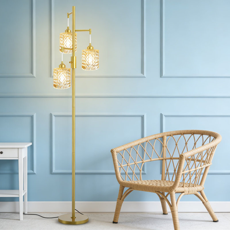 Vintage Floor Lamp With Amber Stained Glass Shade And Golden Base, 3-Light Mid-Century Modern Standing Lamp For Living Room And Bedroom With Stepless Dimming