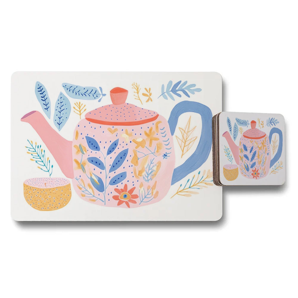 Floral Teapot Placemat And Coaster Set With Colorful Botanical Design