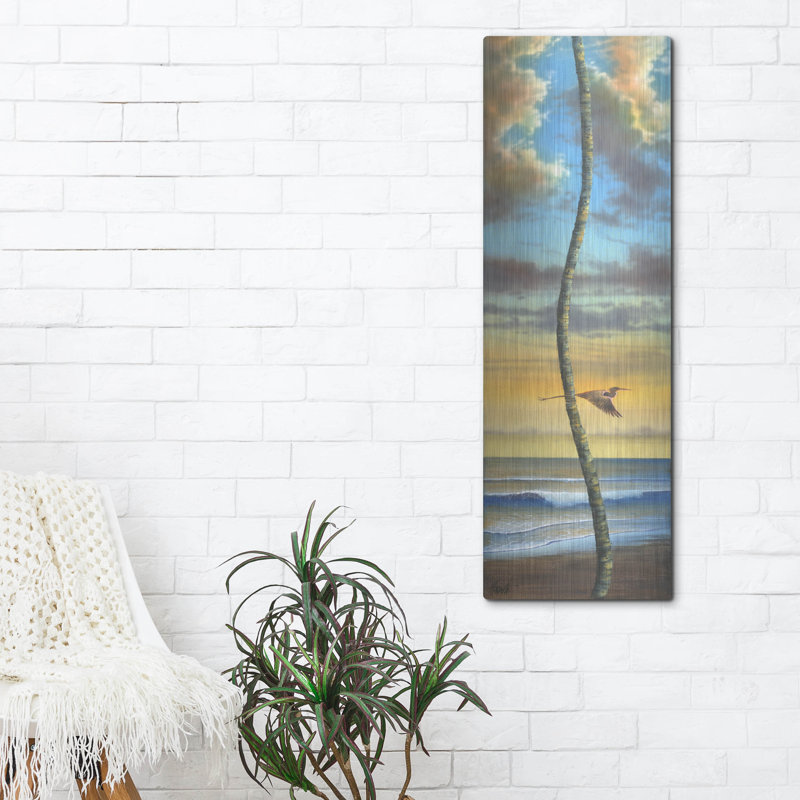 «Lone Palm Right Heron» par James Mazzotta, art mural en métal, 16 po x 48 po