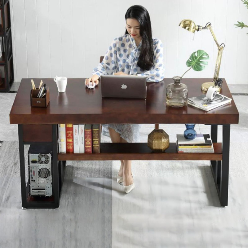Bureau brun clair + noir rectangulaire en bois massif + fer avec 1 tiroir, H 29,53 po x l 78,74 po x P 31,5 po