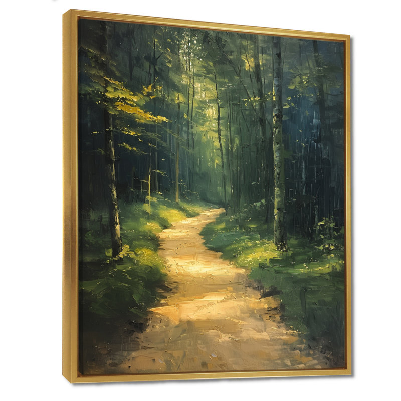 Sentier en bois murmurant l'été II - Décoration murale forêt, Cadre flottant doré, H 24 po x l 32 po x P 1 po