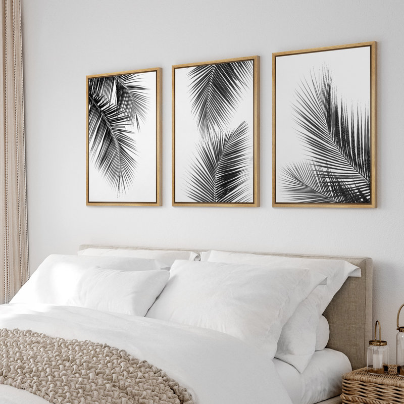"Minimal Botanical" noir et blanc, palmier tropical, feuilles, impression sur toile encadrée moderne et organique, 3 pièces
