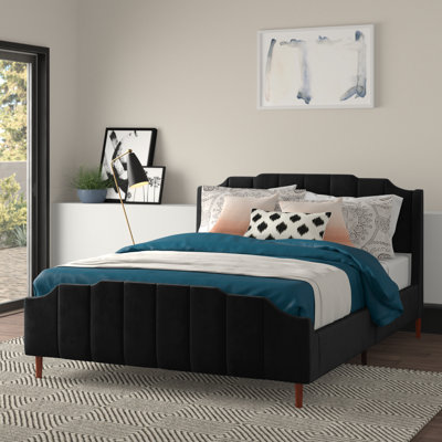 Lasater Queen Size Modern Curved Upholstered Platform Bed with Headboard and Footboard