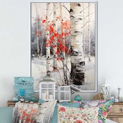 Bois de bouleau blanc et rouge en hiver sur toile