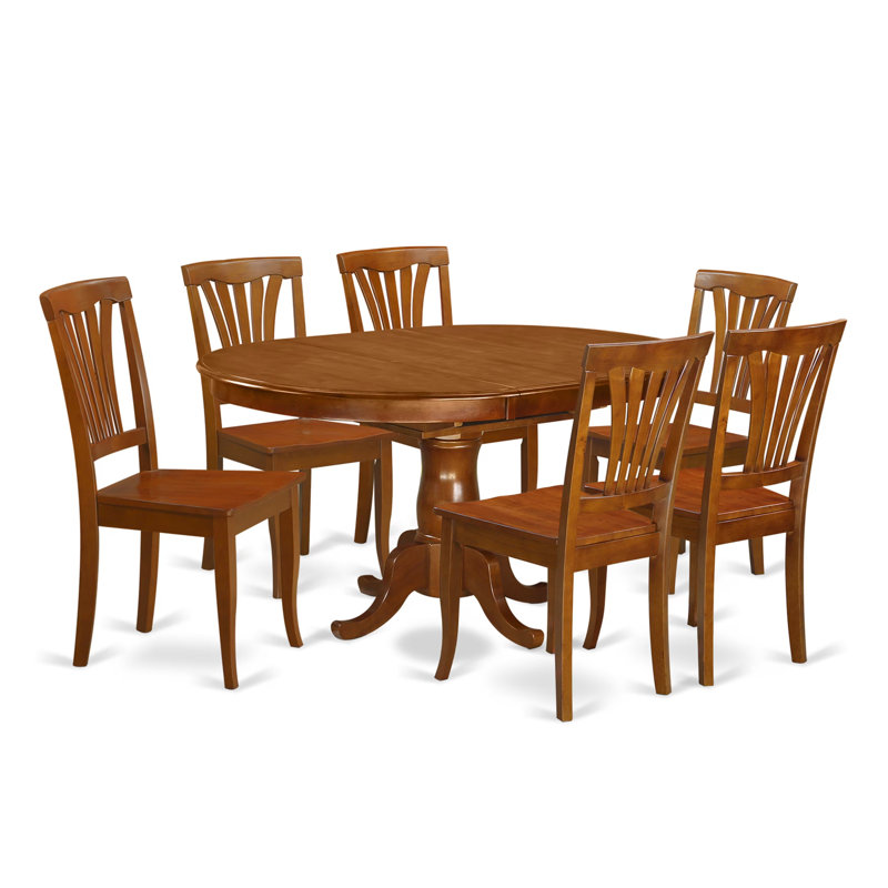 7 Piece Dining Table Set Consist of an Oval Dining Room Table with Butterfly Leaf and 6 Wood Seat Chairs, Saddle Brown