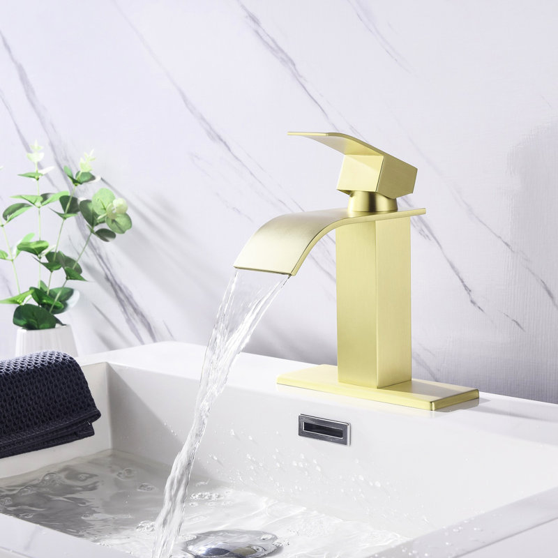 Brushed Gold Bathroom Faucet , Waterfall Spout And Single Handle Stainless Steel For Lavatory Sink Fixture Kit, With Golden Appearance Vanity