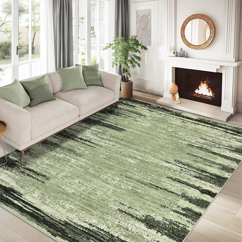 Washable 5x7 Living Room Rug Modern Abstract Striped Indoor Carpet Stain Resistant Easy Cleaning Low Pile Floor Cover Soft Folding Area Rug For Bedroom Dining Room Office,Green