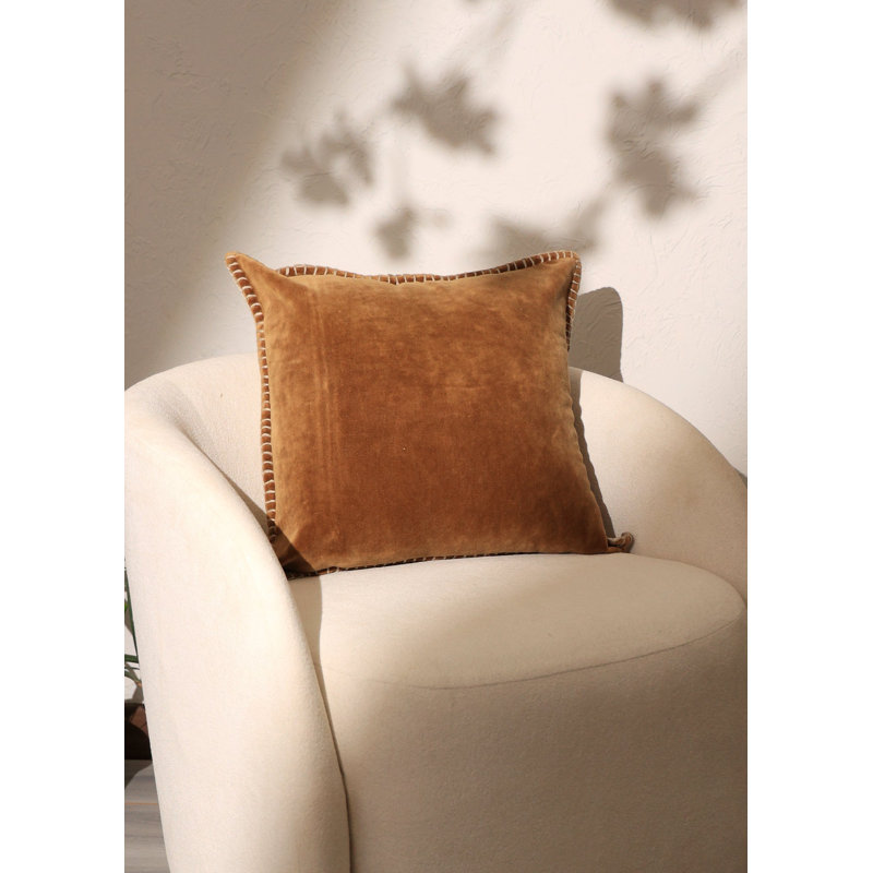 Throw Pillow | Stonewashed Cotton Velvet Throw Pillow with Decorative Handstitched Edges-18X18", Camel