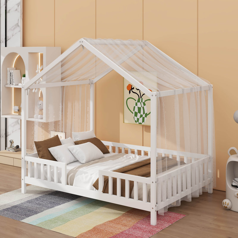 Full Bed Frame For Kids, House Shape Toddler Bed Frame With High Railings, White