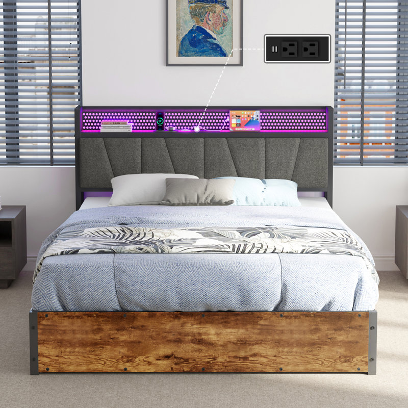 Rustic Brown Queen Metal Frame Bed with Linen Upholstered Headboard and Storage